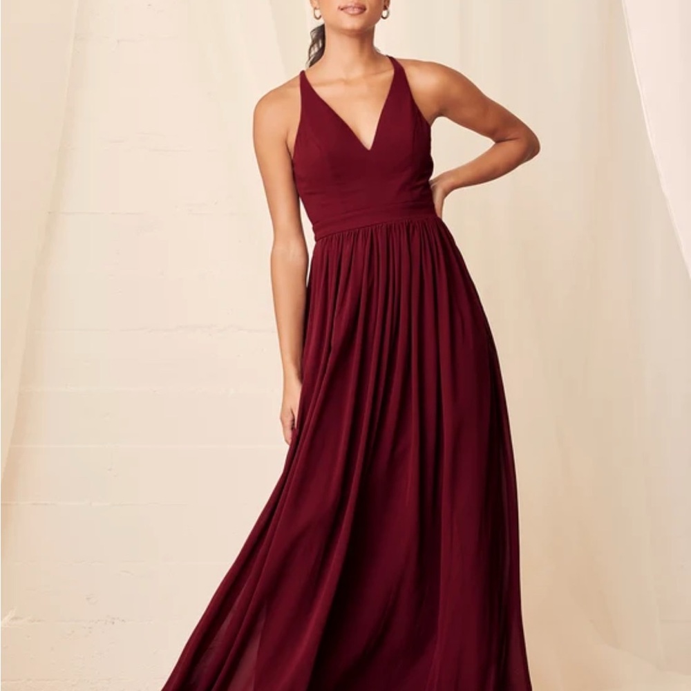 Lulu’s Love Spell Burgundy Lace-Back Maxi Dress